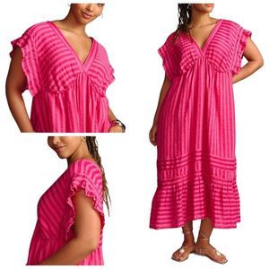 Anthropologie Pink V-Neck Ruffled Tiered Babydoll Dress Size XS